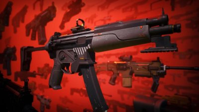 لقطة شاشة من لعبة Killing Floor 3 تُظهر سلاحًا ناريًا على خلفية حمراء