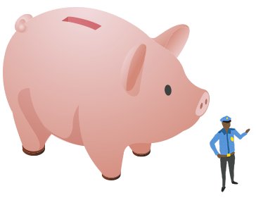 Une image onirique montrant un agent de sécurité en service devant une tirelire géante.