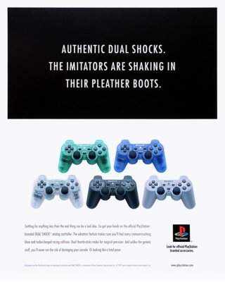 An old PlayStation advertisement, showcasing various DualShock controllers.