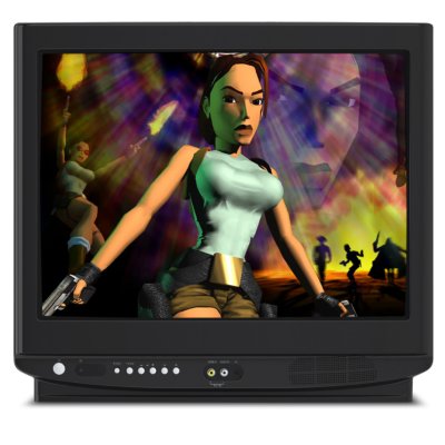 An image of a CRT TV featuring Lara Croft from Tomb Raider.