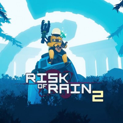 Risk of Rain 2 - Illustration principale montrant un personnage dans un environnement bleu
